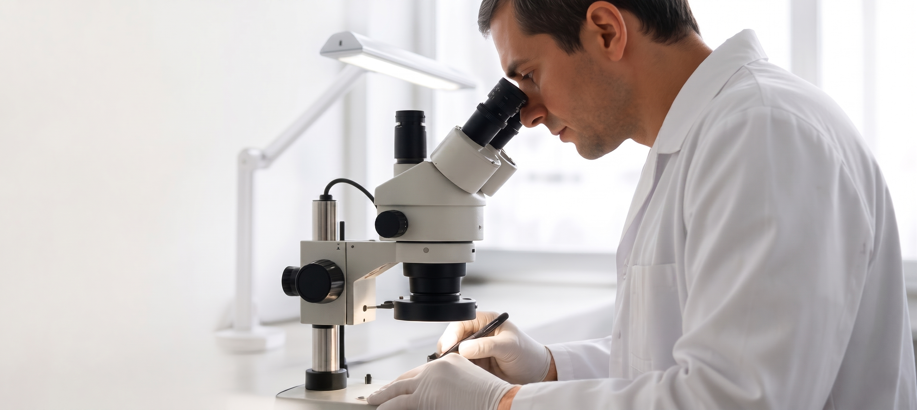 Gemologist at microscope